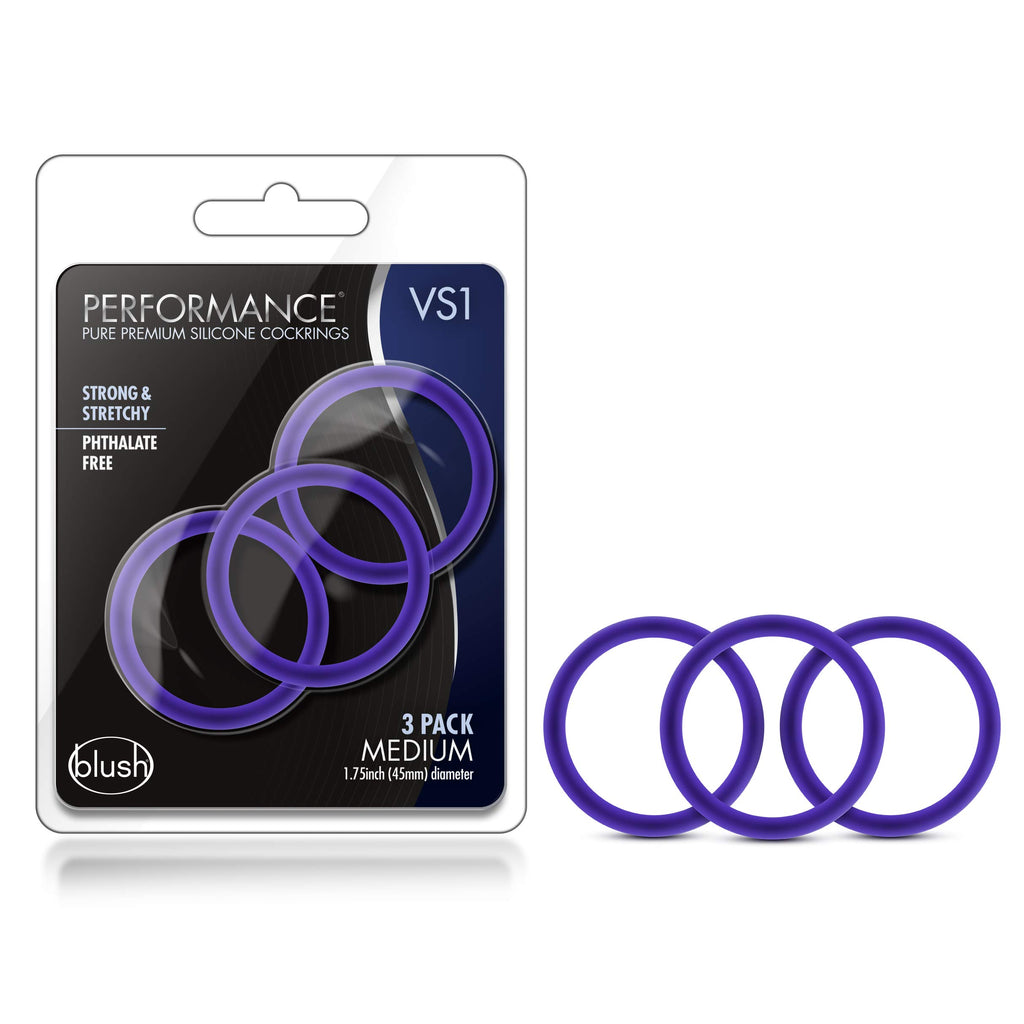 Blush Novelties Performance VS1 Penis Ring Set - 3 Indigo Glow-in-the-Dark Silicone Cock Rings - Medium 1.75" Stretch Fit for Harder Erections