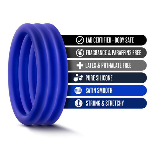 Blush Novelties Performance VS1 Penis Ring Set - 3 Indigo Glow-in-the-Dark Silicone Cock Rings - Medium 1.75" Stretch Fit for Harder Erections