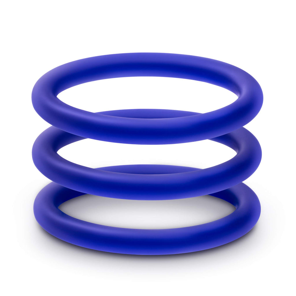 Blush Novelties Performance VS1 Penis Ring Set - 3 Indigo Glow-in-the-Dark Silicone Cock Rings - Medium 1.75" Stretch Fit for Harder Erections
