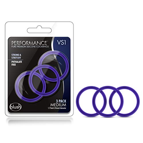 Blush Novelties Performance VS1 Penis Ring Set - 3 Indigo Glow-in-the-Dark Silicone Cock Rings - Medium 1.75" Stretch Fit for Harder Erections