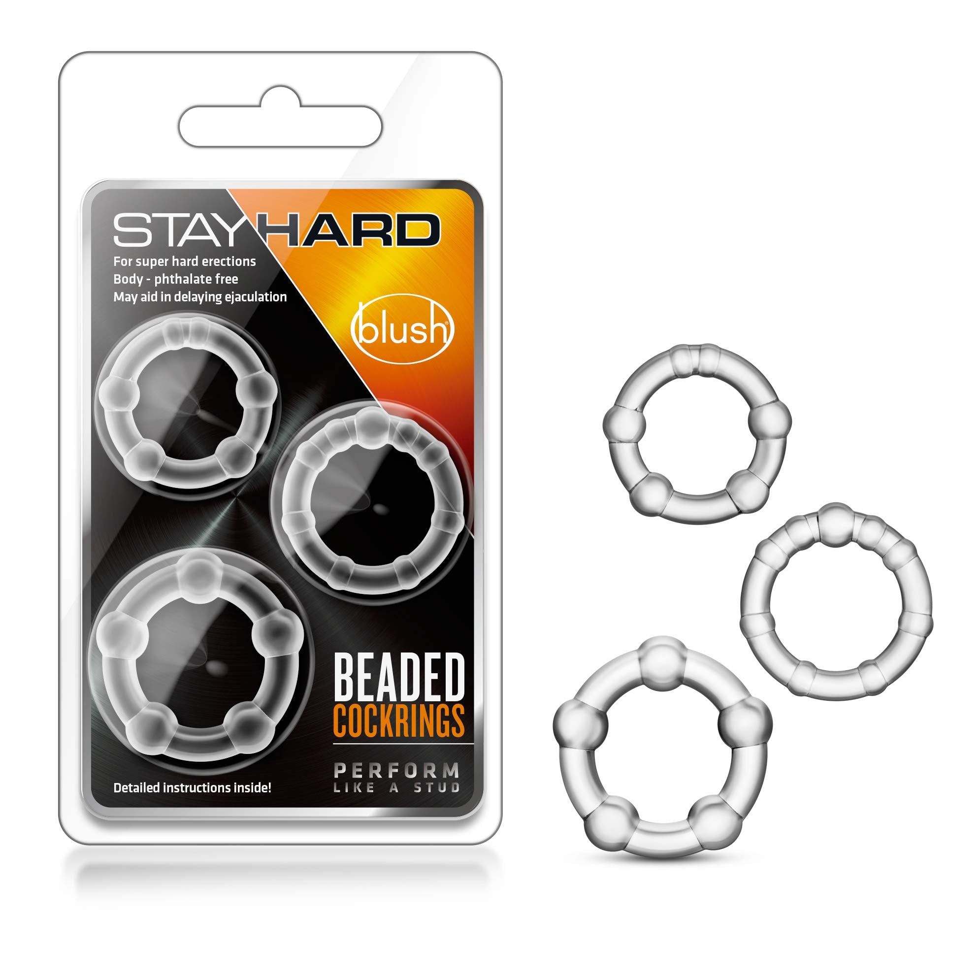 Blush Novelties Stay Hard Beaded Cock Ring Set - Super Elastic TPE Erection Enhancer - Tear Resistant - One Size Fits All - Clear - 3 Diameters