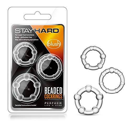 Blush Novelties Stay Hard Beaded Cock Ring Set - Super Elastic TPE Erection Enhancer - Tear Resistant - One Size Fits All - Clear - 3 Diameters