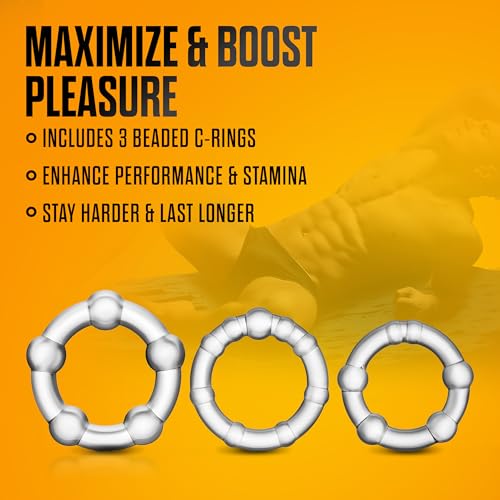 Blush Novelties Stay Hard Beaded Cock Ring Set - Super Elastic TPE Erection Enhancer - Tear Resistant - One Size Fits All - Clear - 3 Diameters