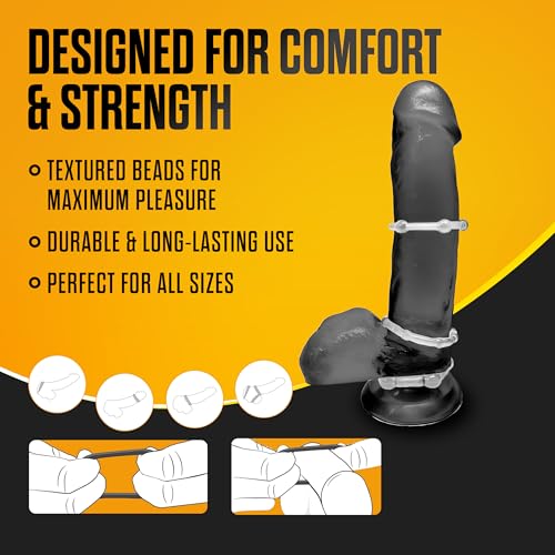 Blush Novelties Stay Hard Beaded Cock Ring Set - Super Elastic TPE Erection Enhancer - Tear Resistant - One Size Fits All - Clear - 3 Diameters