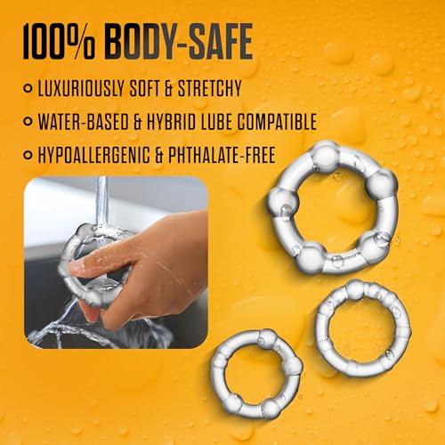 Blush Novelties Stay Hard Beaded Cock Ring Set - Super Elastic TPE Erection Enhancer - Tear Resistant - One Size Fits All - Clear - 3 Diameters