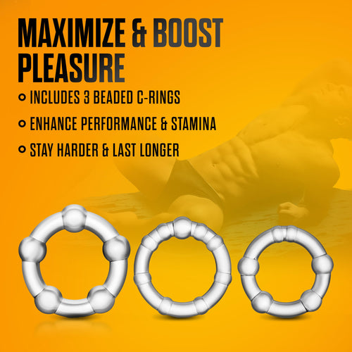Blush Novelties Stay Hard Beaded Cock Ring Set - Super Elastic TPE Erection Enhancer - Tear Resistant - One Size Fits All - Clear - 3 Diameters