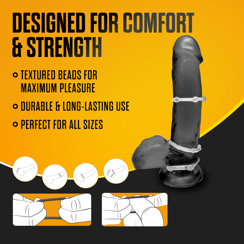 Blush Novelties Stay Hard Beaded Cock Ring Set - Super Elastic TPE Erection Enhancer - Tear Resistant - One Size Fits All - Clear - 3 Diameters