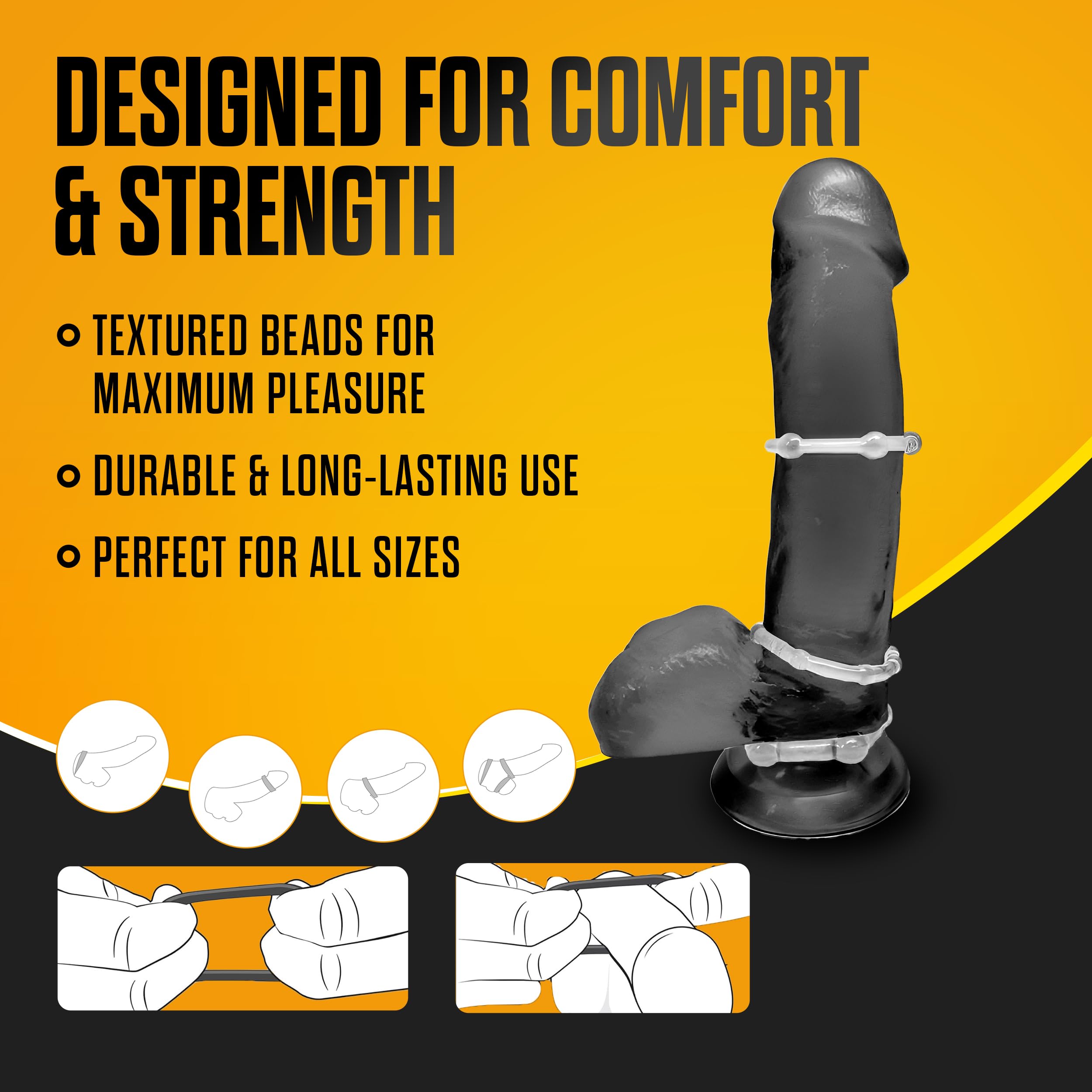 Blush Novelties Stay Hard Beaded Cock Ring Set - Super Elastic TPE Erection Enhancer - Tear Resistant - One Size Fits All - Clear - 3 Diameters