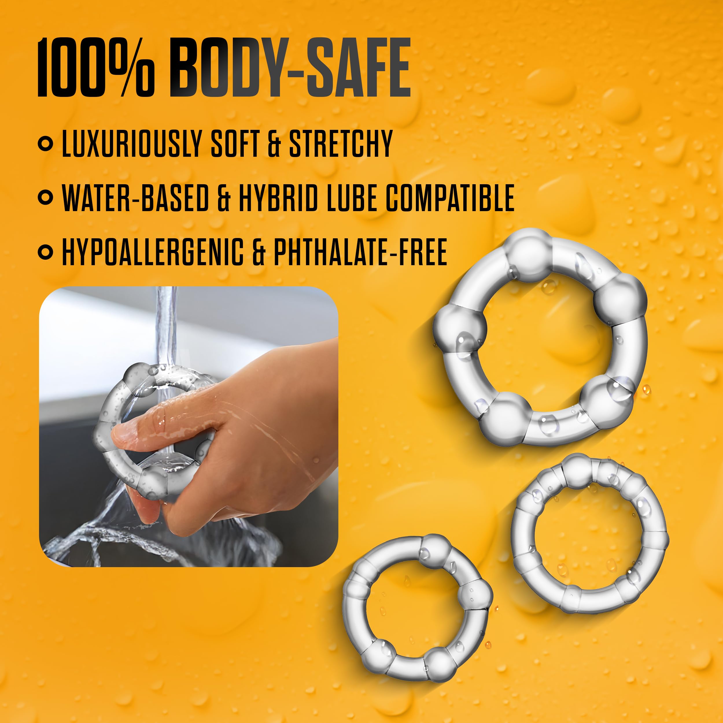 Blush Novelties Stay Hard Beaded Cock Ring Set - Super Elastic TPE Erection Enhancer - Tear Resistant - One Size Fits All - Clear - 3 Diameters