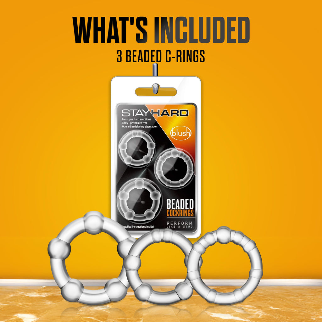 Blush Novelties Stay Hard Beaded Cock Ring Set - Super Elastic TPE Erection Enhancer - Tear Resistant - One Size Fits All - Clear - 3 Diameters