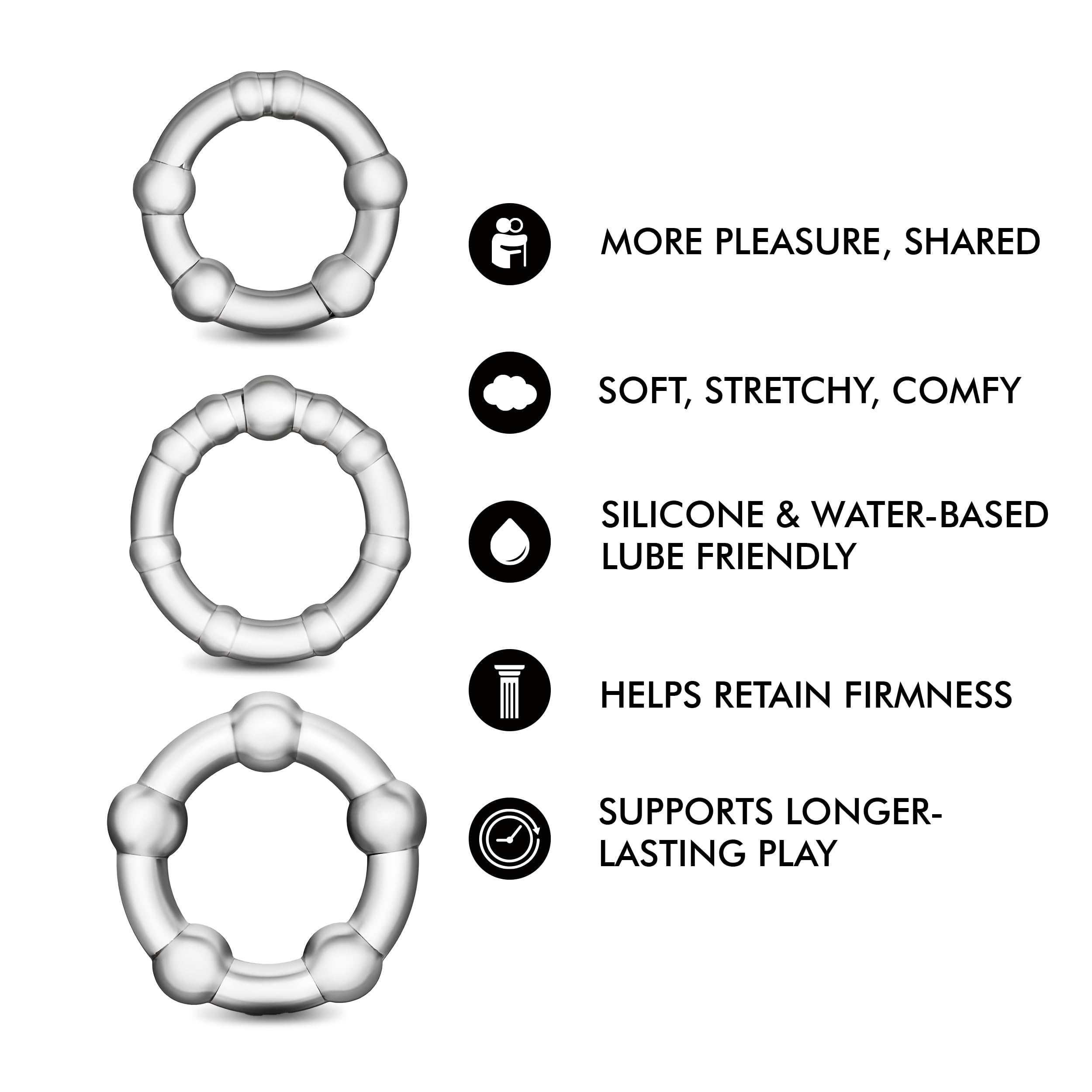 Blush Novelties Stay Hard Beaded Cock Ring Set - Super Elastic TPE Erection Enhancer - Tear Resistant - One Size Fits All - Clear - 3 Diameters