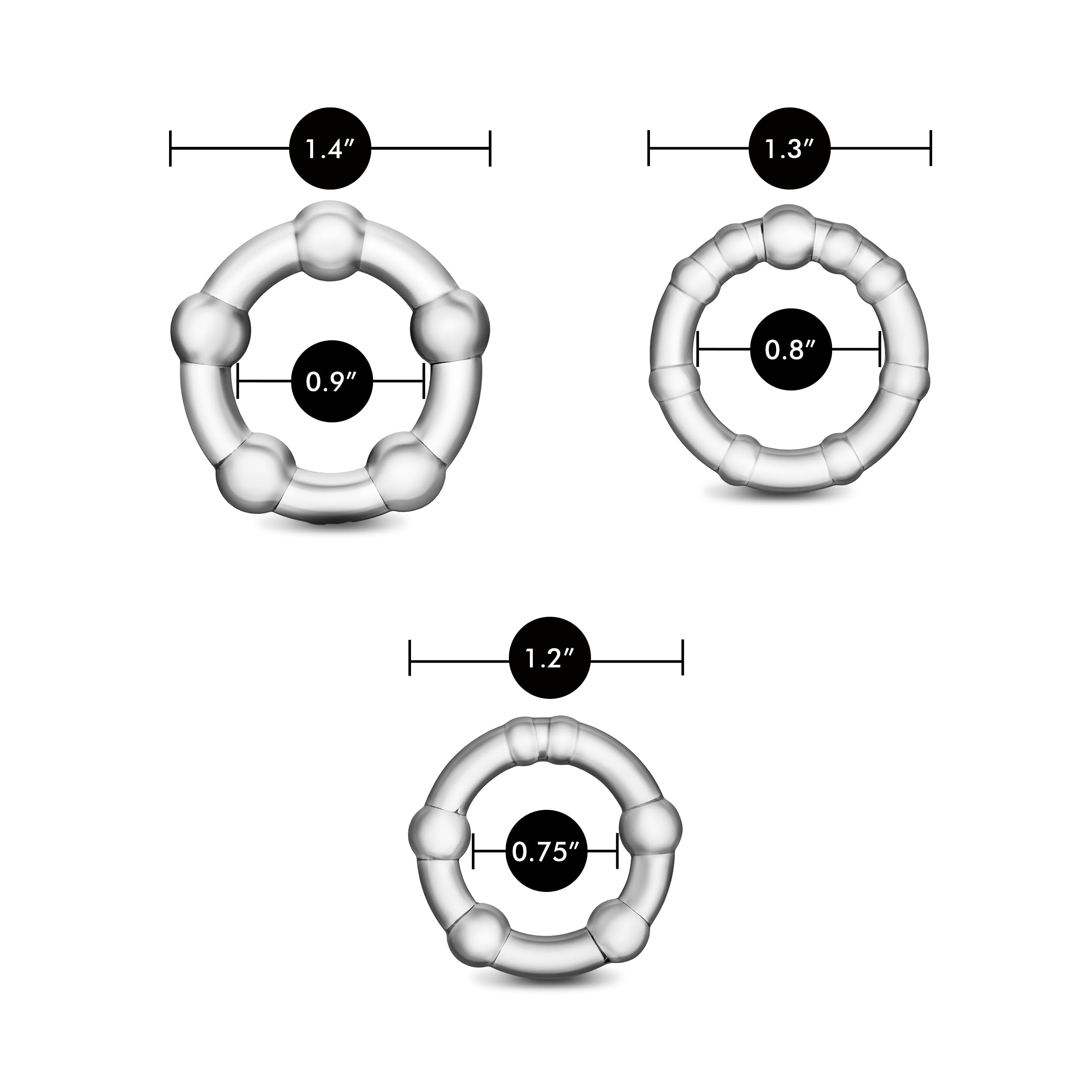 Blush Novelties Stay Hard Beaded Cock Ring Set - Super Elastic TPE Erection Enhancer - Tear Resistant - One Size Fits All - Clear - 3 Diameters