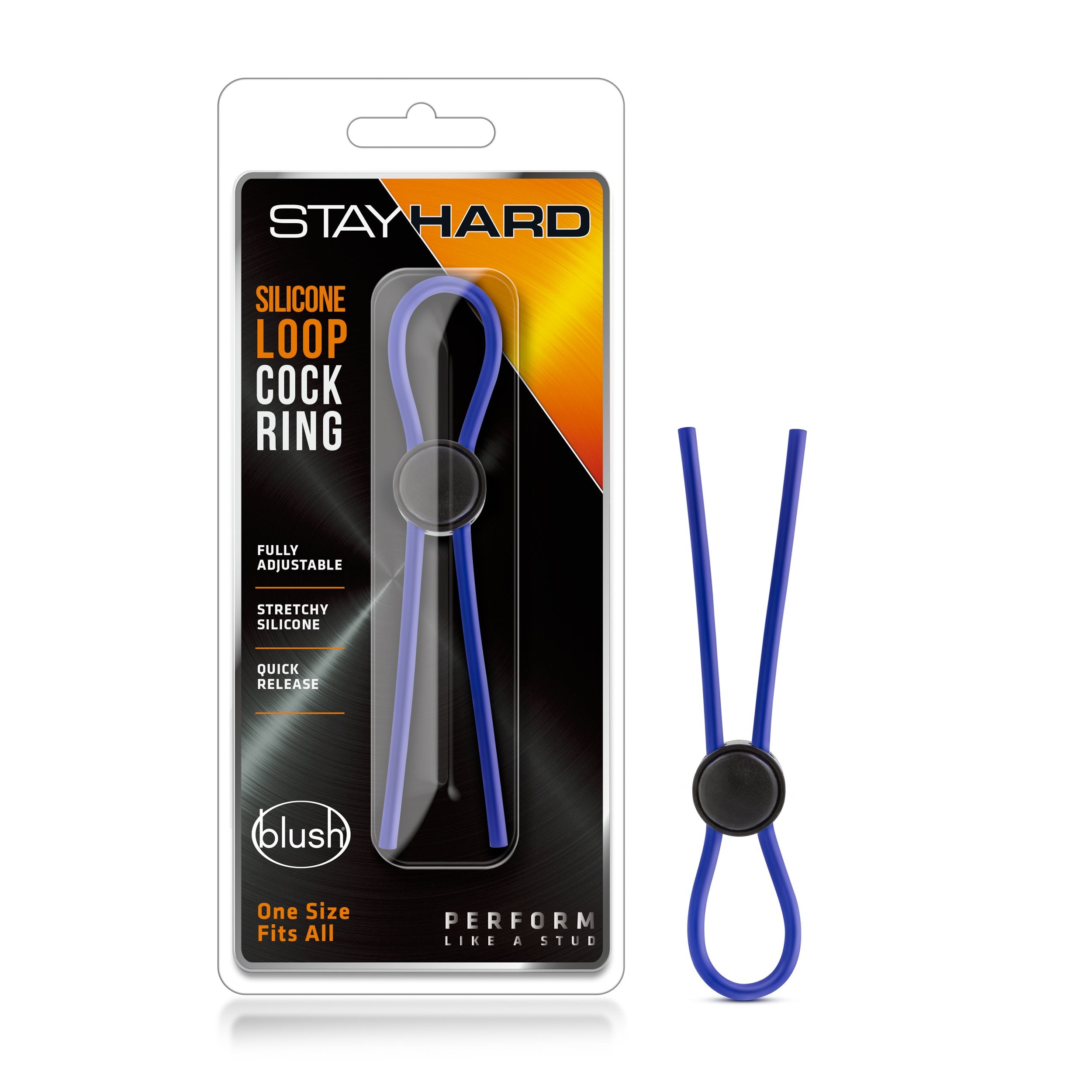 Blush Novelties Stay Hard Liquid Silicone Loop Lasso Cock Ring - Blue, Adjustable & Quick Release