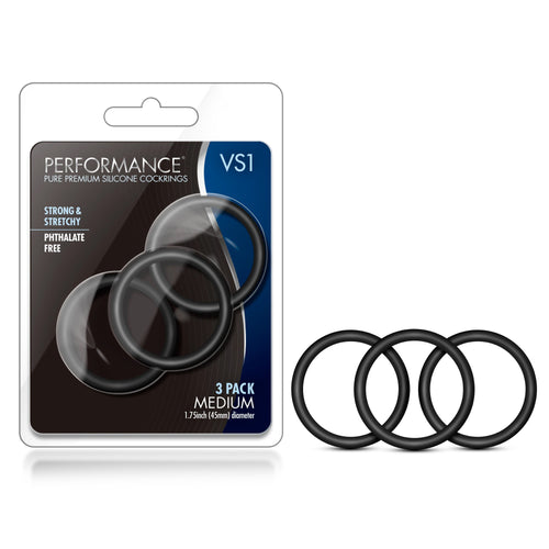 Blush Performance VS1 Silicone Cock Rings 3-Pack - Black - 1.75" Stretch Fit for Stamina and Firmer Erections