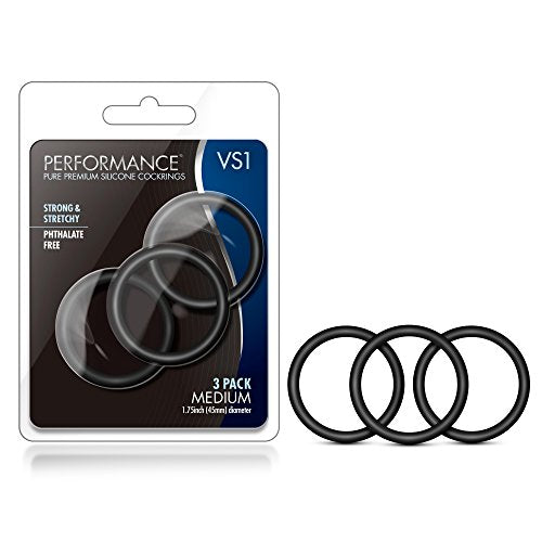 Blush Performance VS1 Silicone Cock Rings 3-Pack - Black - 1.75" Stretch Fit for Stamina and Firmer Erections