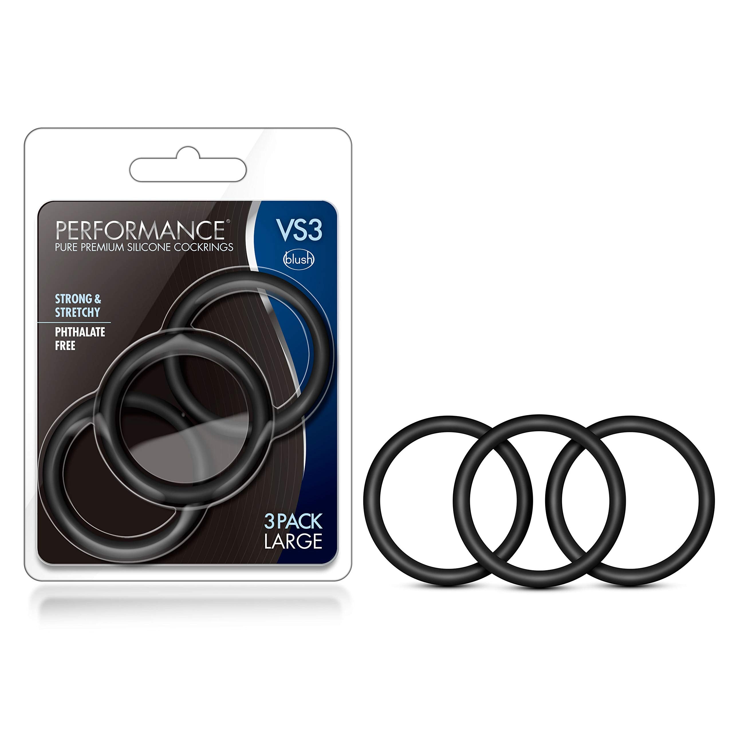 Blush Performance VS3 Silicone Penis Rings 3-Pack – Large 2" Stretchy Cock Rings – Puria Platinum-Cured – Black