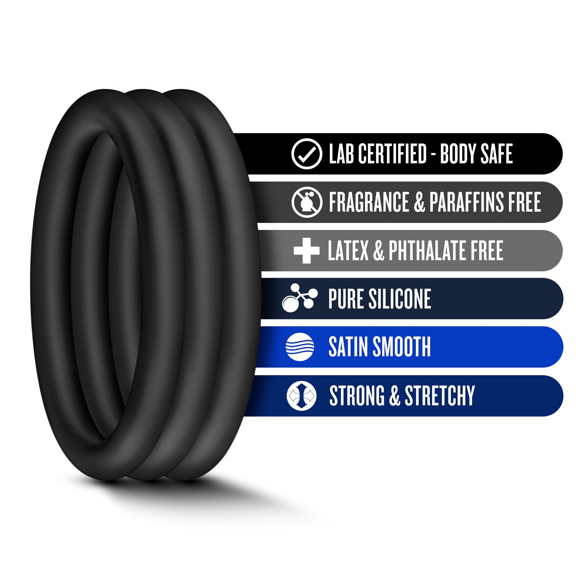 Blush Performance VS3 Silicone Penis Rings 3-Pack – Large 2" Stretchy Cock Rings – Puria Platinum-Cured – Black