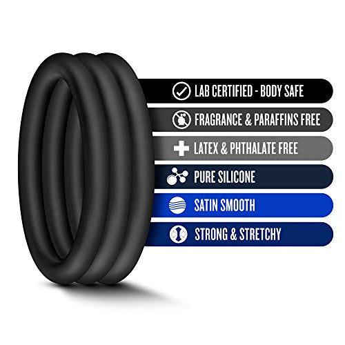 Blush Performance VS3 Silicone Penis Rings 3-Pack – Large 2" Stretchy Cock Rings – Puria Platinum-Cured – Black