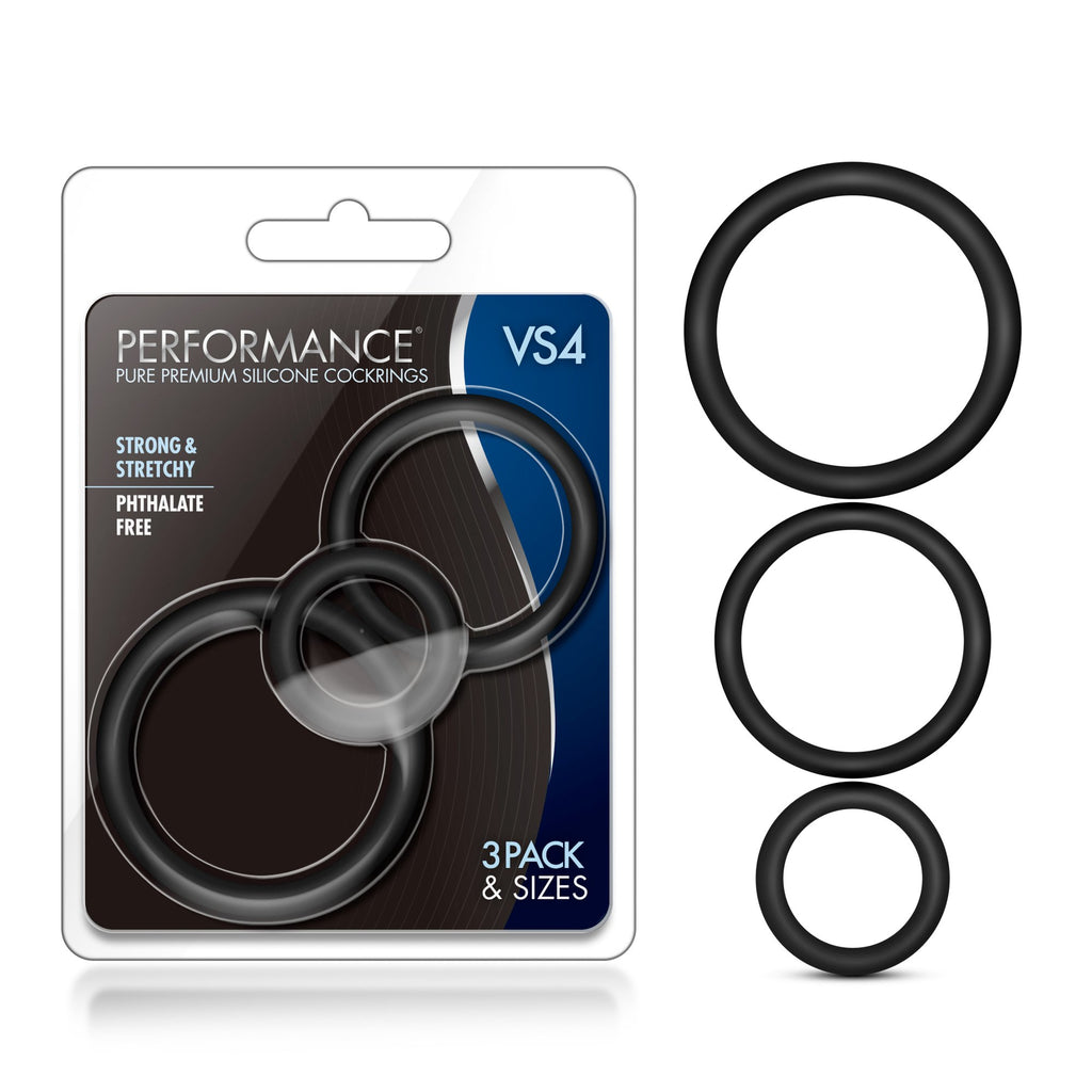 Blush Performance VS4 Cock Rings Set - 3 Sizes (1.25", 1.75", 2") - Soft Silicone Penis Rings - Black
