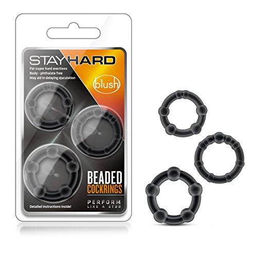 Blush Stay Hard Beaded Cock Rings 3-Pack - TPE Penis Rings for Stamina & Girth - Black
