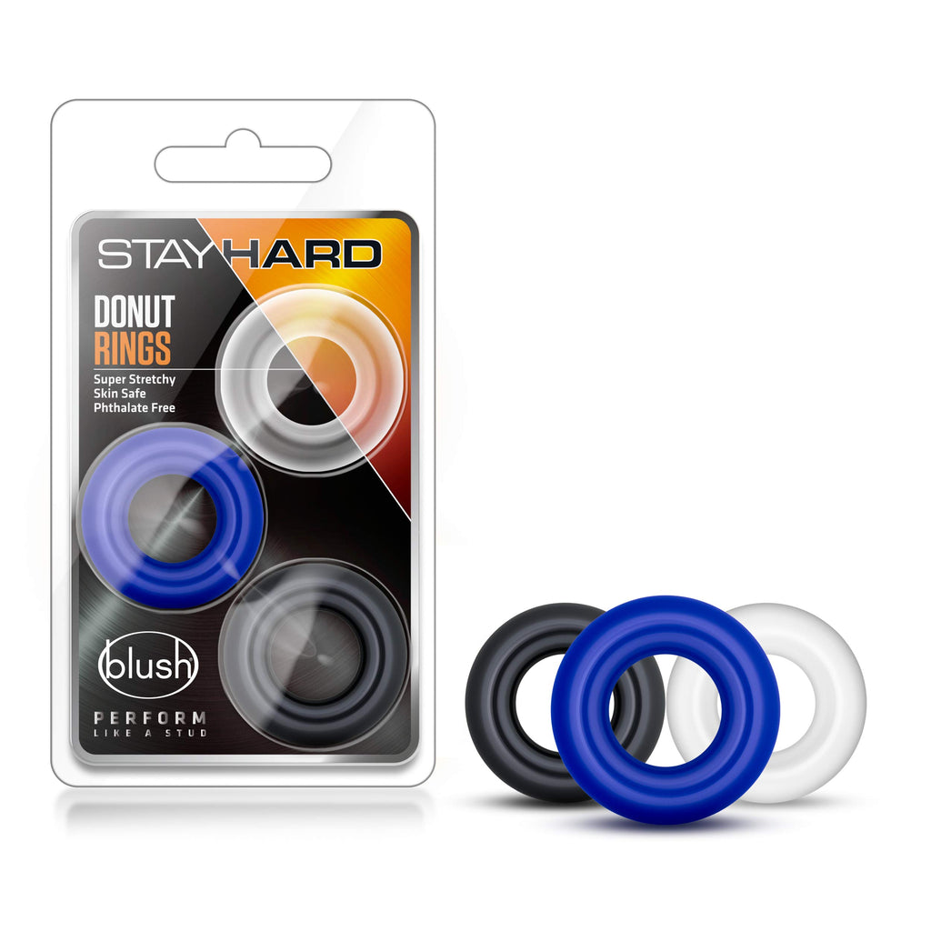 Blush Stay Hard Donut Cock Rings - 3-Pack TPE Penis Rings for Stamina, Girth, and Harder Erections