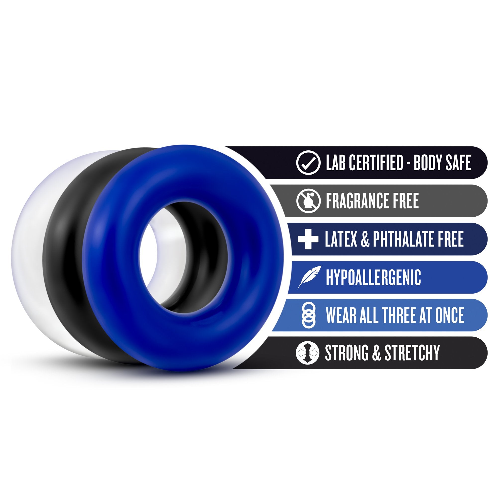 Blush Stay Hard Donut Cock Rings - 3-Pack TPE Penis Rings for Stamina, Girth, and Harder Erections