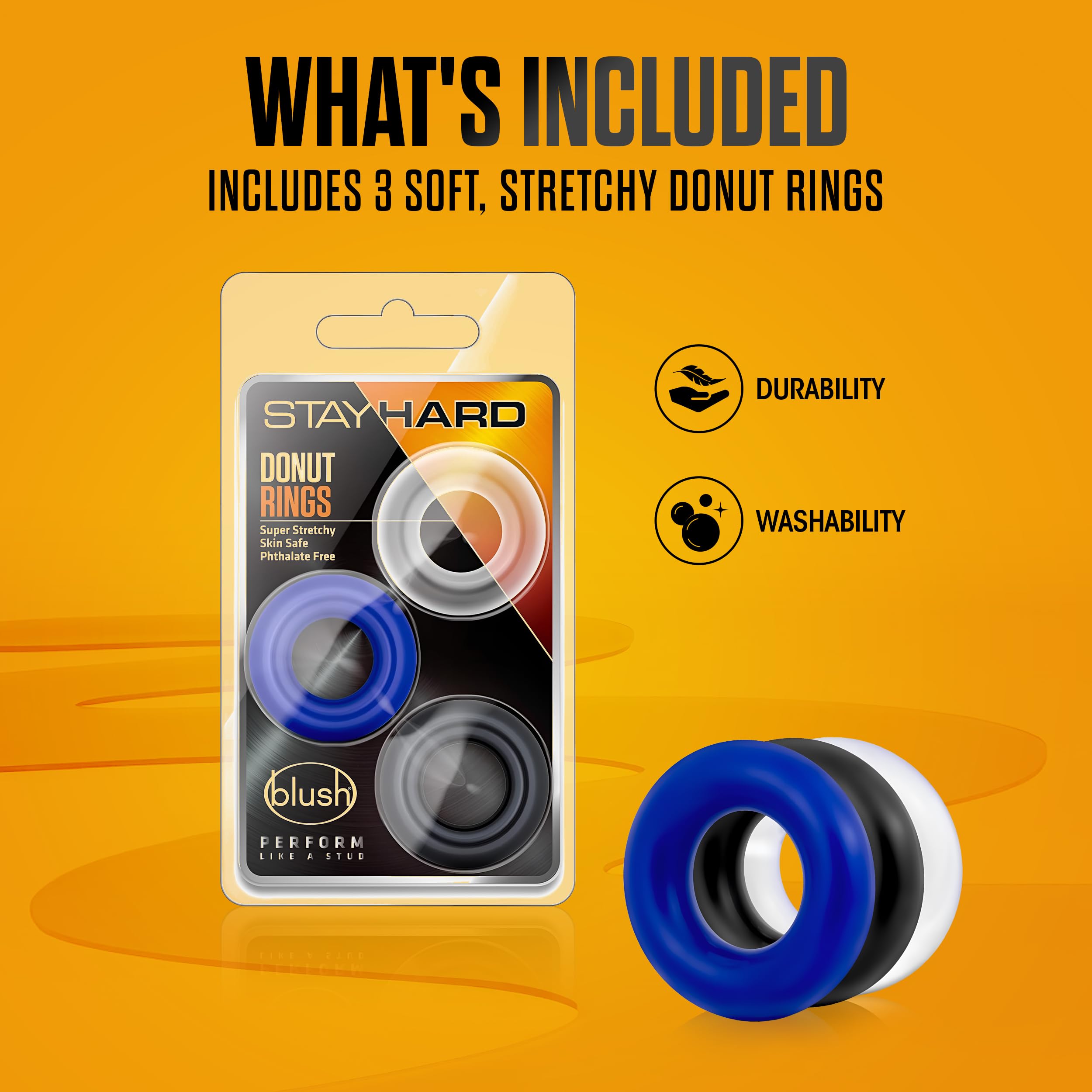 Blush Stay Hard Donut Cock Rings - 3-Pack TPE Penis Rings for Stamina, Girth, and Harder Erections