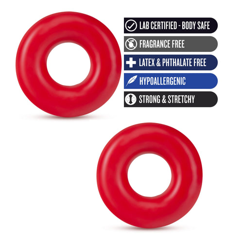Blush Stay Hard Oversized Donut Cock Rings - 2-Pack Red TPE Penis Rings for Stamina and Bigger Erections