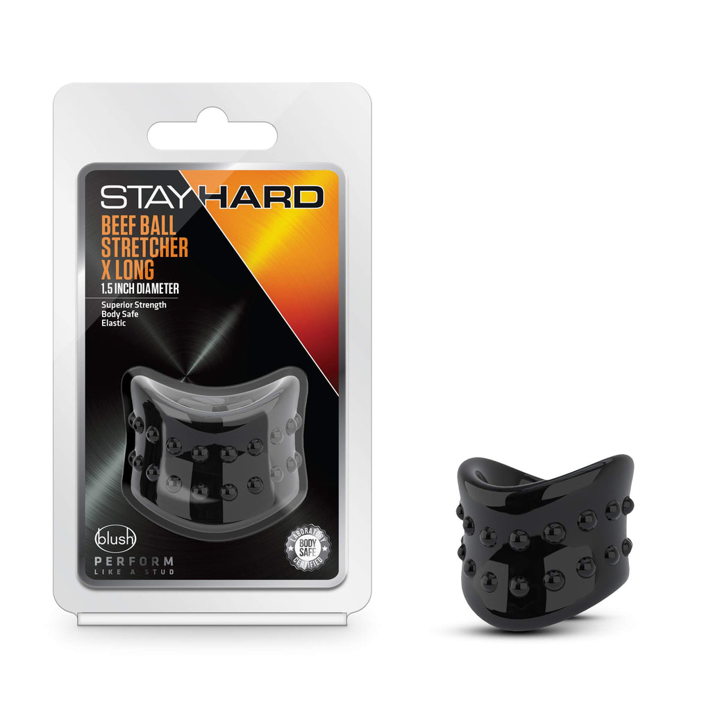 Blush Stay Hard X-Long Beef Ball Stretcher – Black TPE Scrotum Stretcher & Penis Ring for Men
