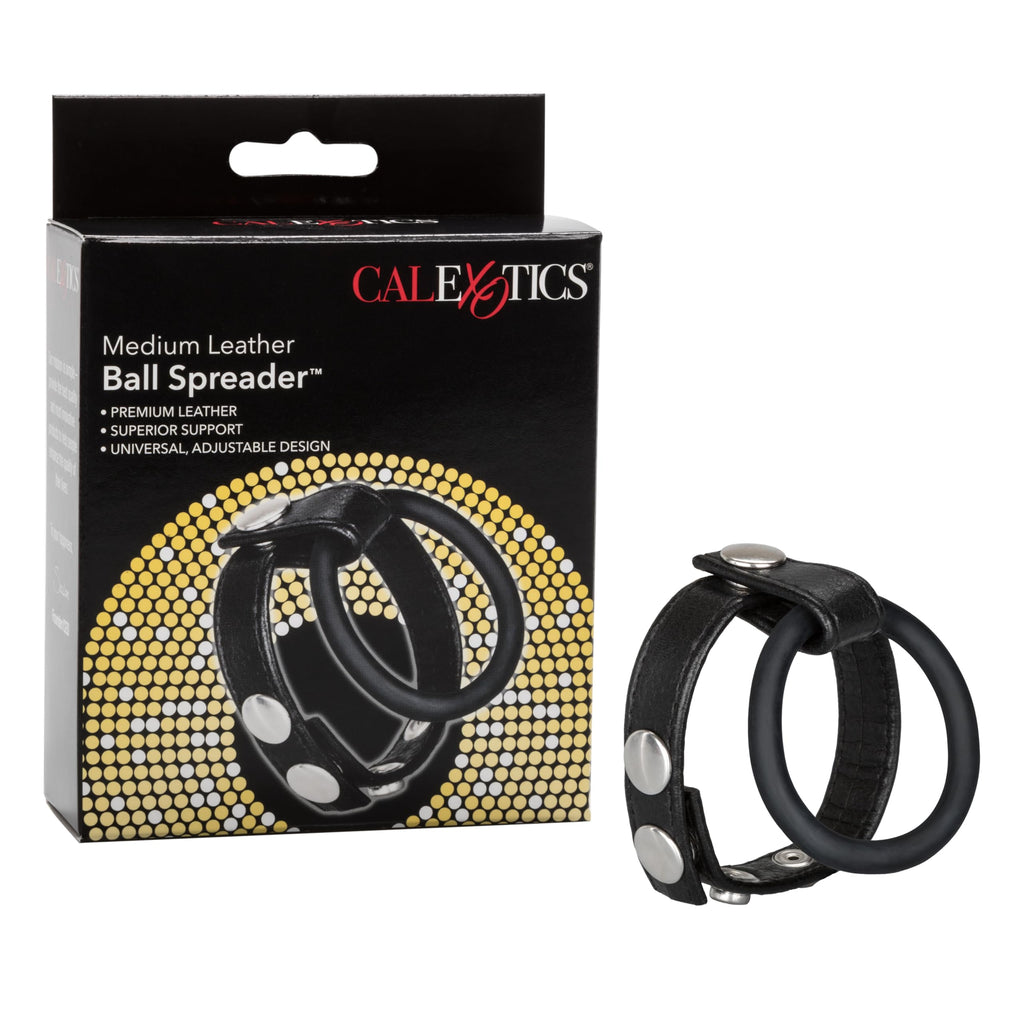 CalExotics Adjustable Leather Ball Spreader with Penis Ring - Black, Medium