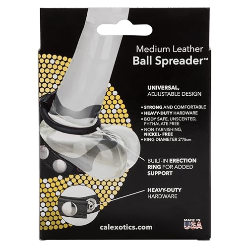 CalExotics Adjustable Leather Ball Spreader with Penis Ring - Black, Medium