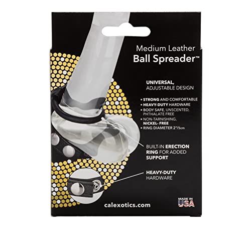 CalExotics Adjustable Leather Ball Spreader with Penis Ring - Black, Medium