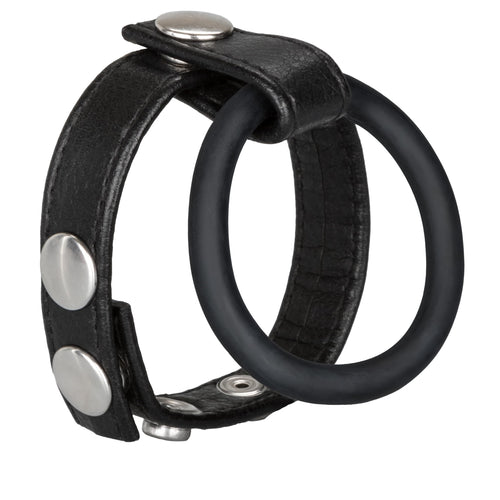 CalExotics Adjustable Leather Ball Spreader with Penis Ring - Black, Medium