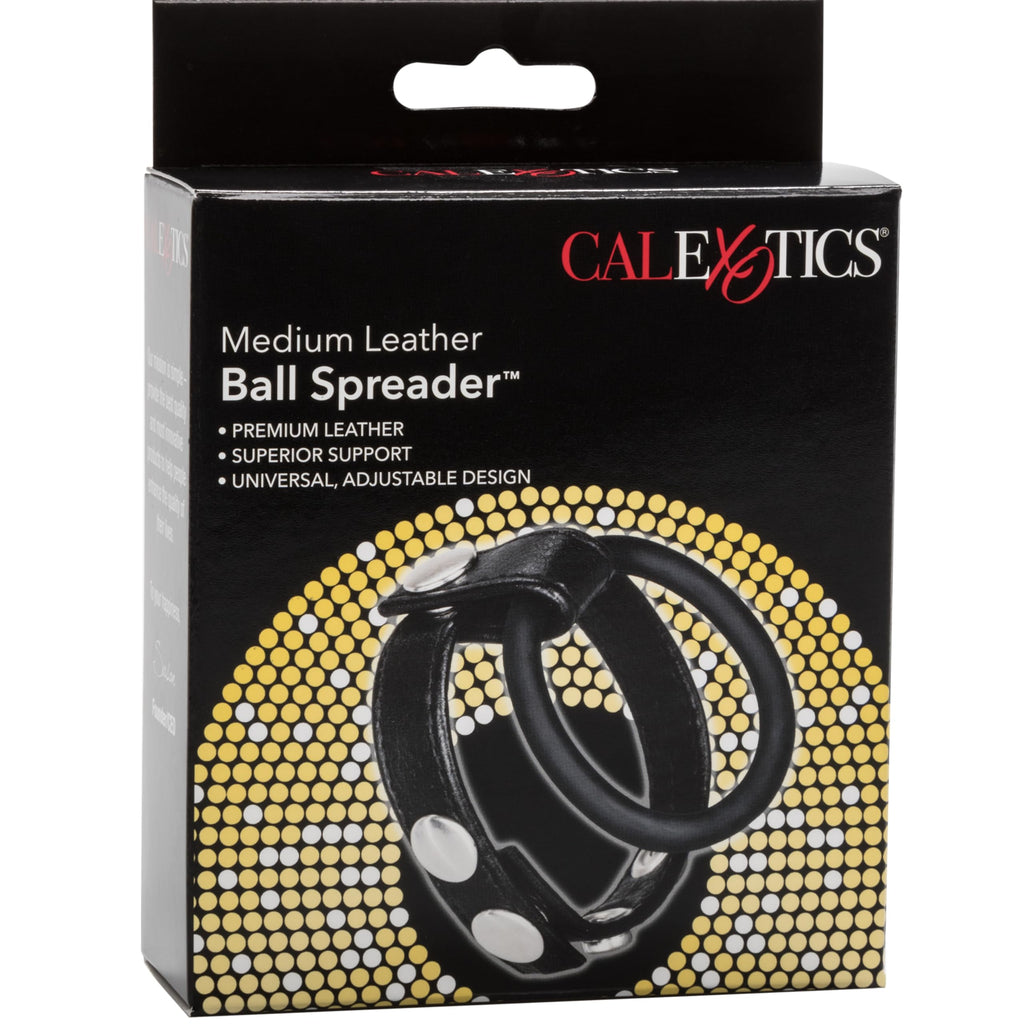 CalExotics Adjustable Leather Ball Spreader with Penis Ring - Black, Medium