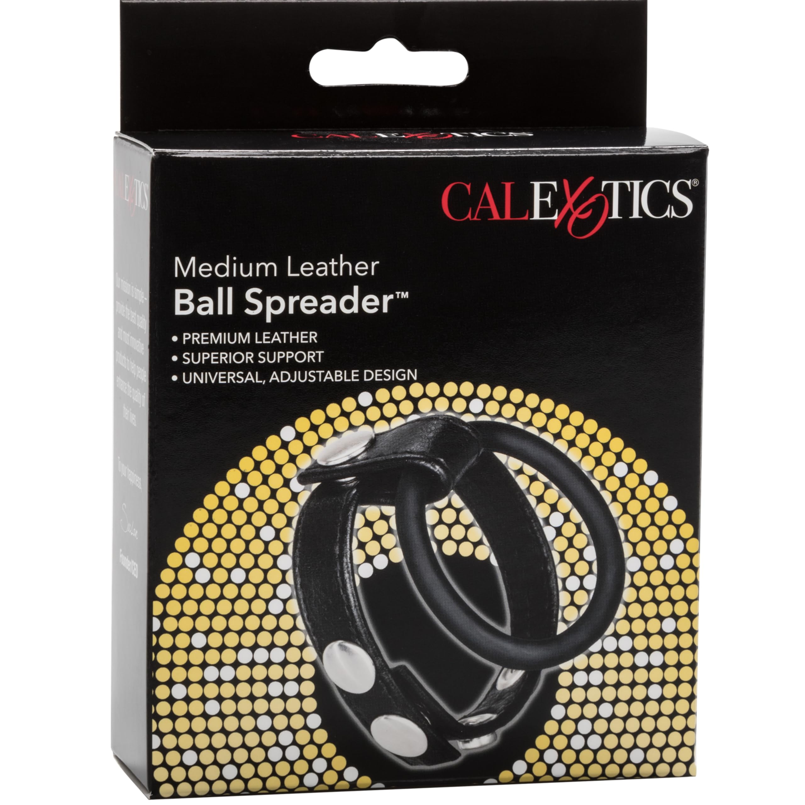 CalExotics Adjustable Leather Ball Spreader with Penis Ring - Black, Medium