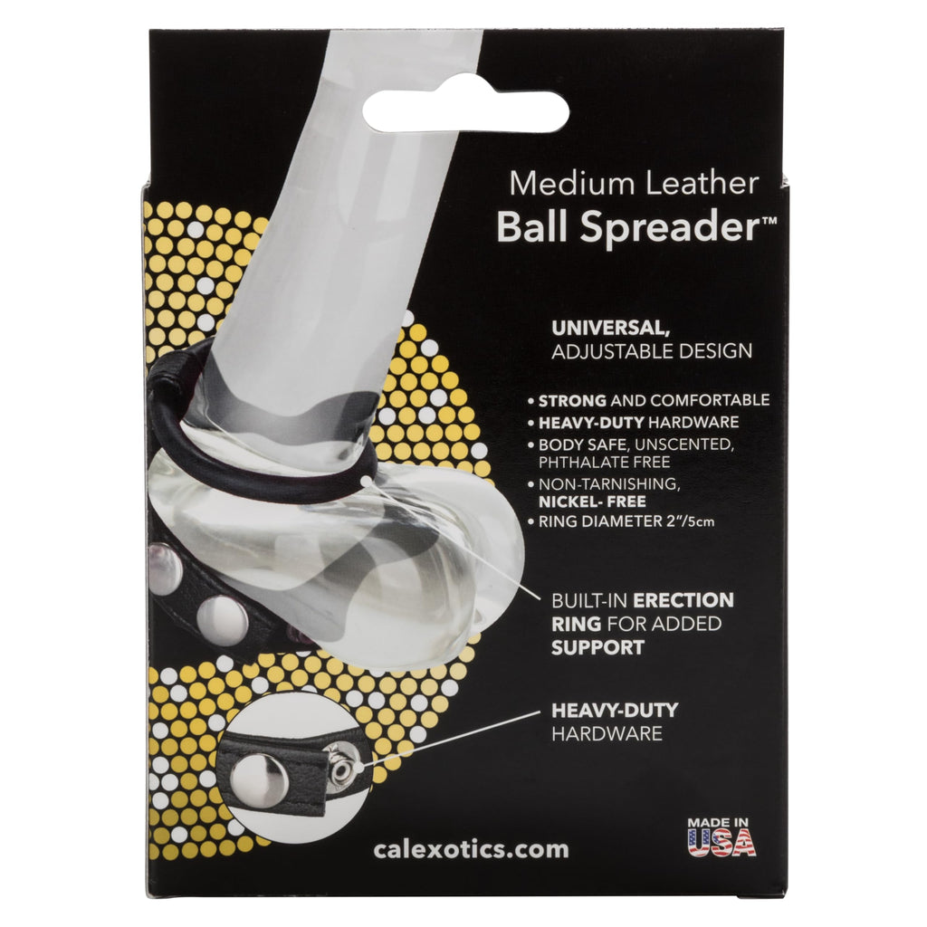 CalExotics Adjustable Leather Ball Spreader with Penis Ring - Black, Medium
