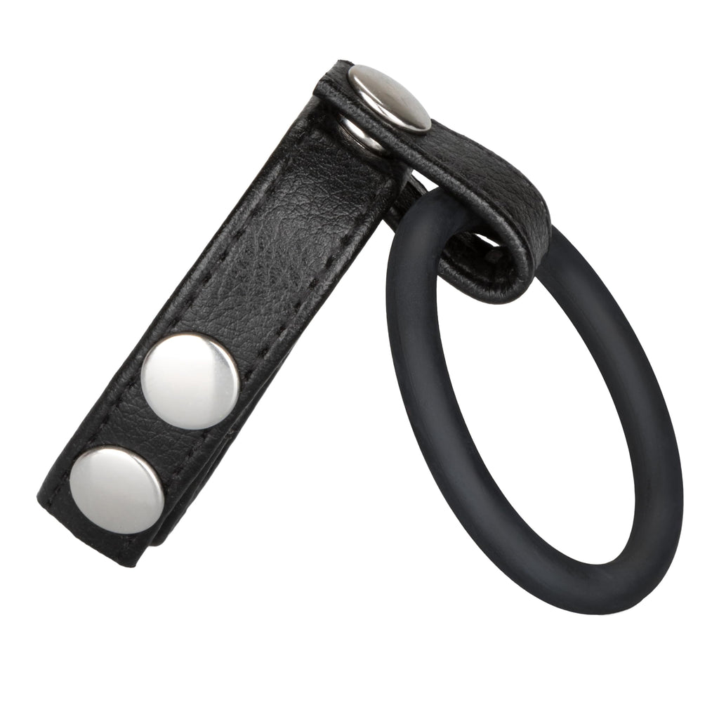 CalExotics Adjustable Leather Ball Spreader with Penis Ring - Black, Medium
