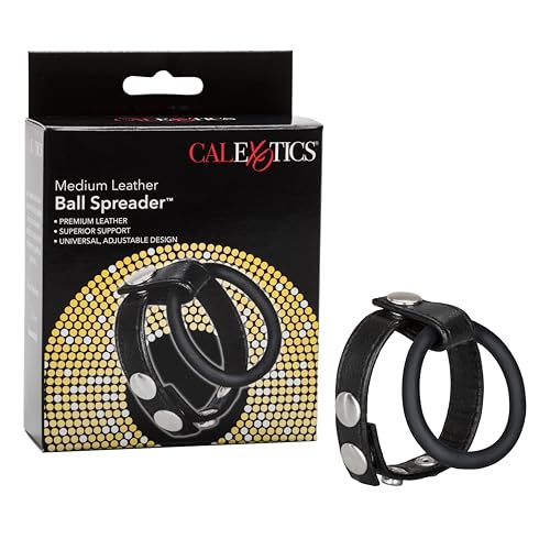 CalExotics Adjustable Leather Ball Spreader with Penis Ring - Black, Medium