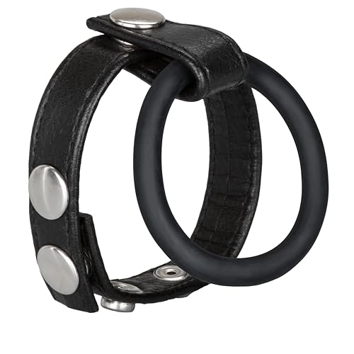 CalExotics Adjustable Leather Ball Spreader with Penis Ring - Black, Medium