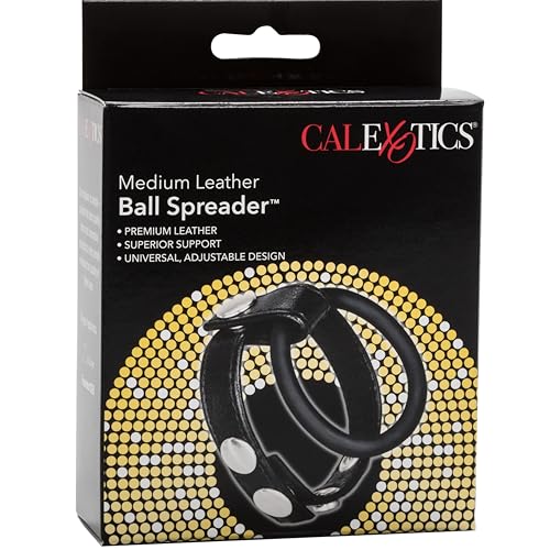 CalExotics Adjustable Leather Ball Spreader with Penis Ring - Black, Medium