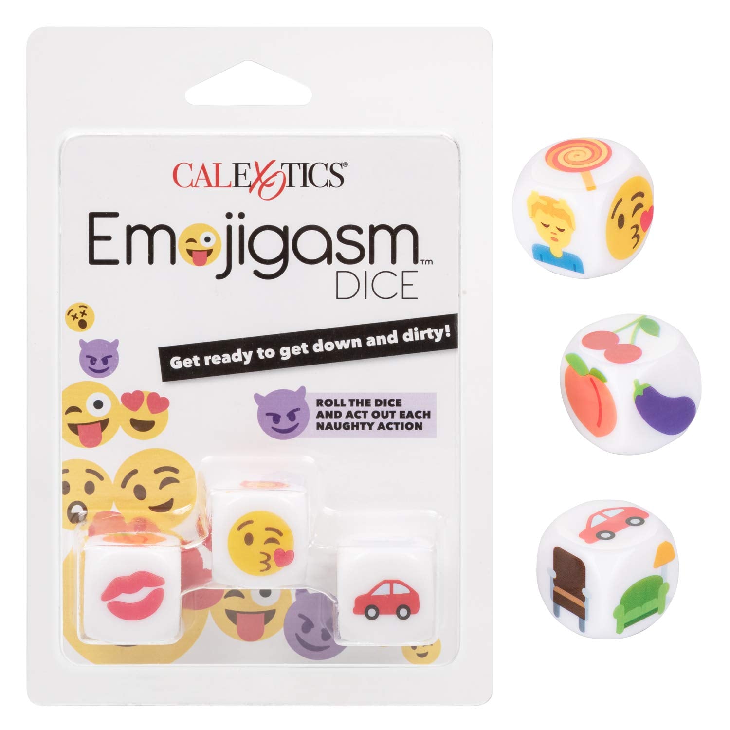 CalExotics Emojigasm Dice – 3 Sex Dice for Body Part, Action, and Location Game