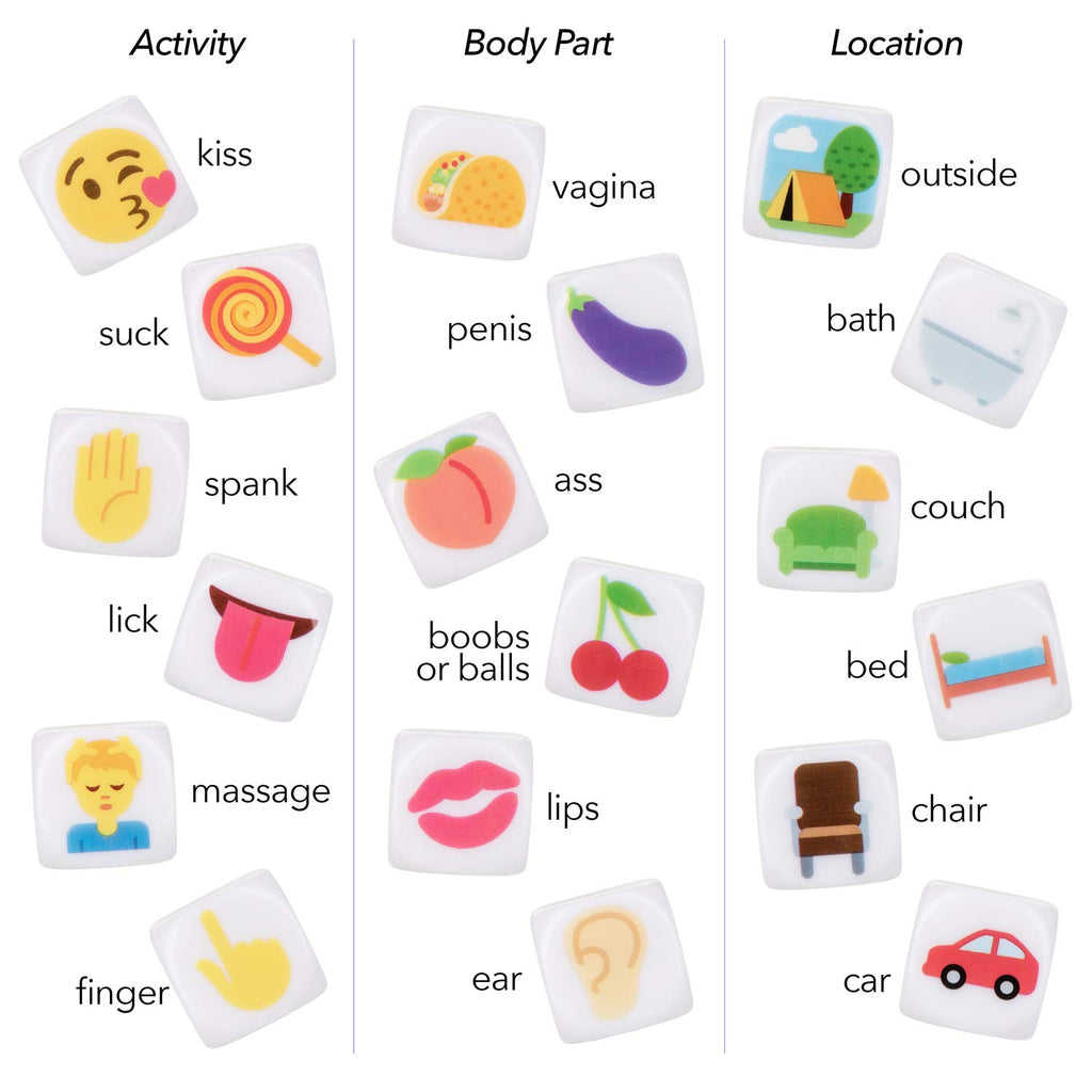 CalExotics Emojigasm Dice – 3 Sex Dice for Body Part, Action, and Location Game