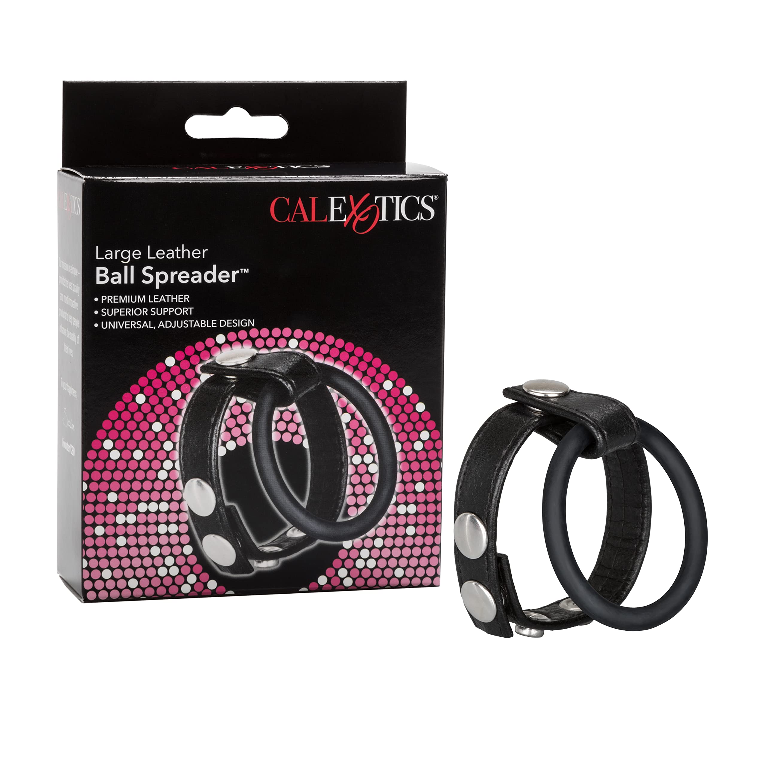 CalExotics Large Leather Ball Spreader with Built-In Erection Ring – Adjustable Scrotum Strap