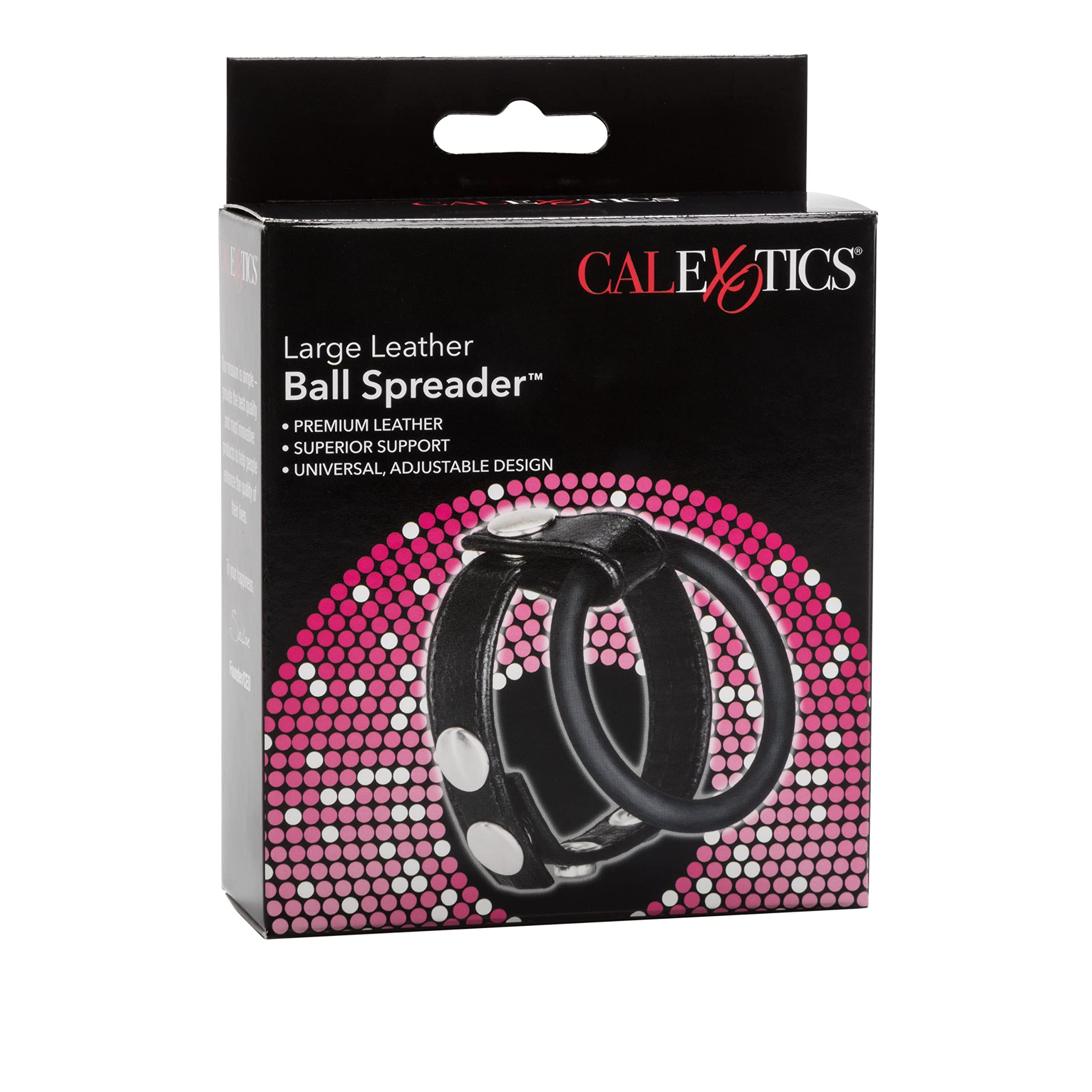 CalExotics Large Leather Ball Spreader with Built-In Erection Ring – Adjustable Scrotum Strap