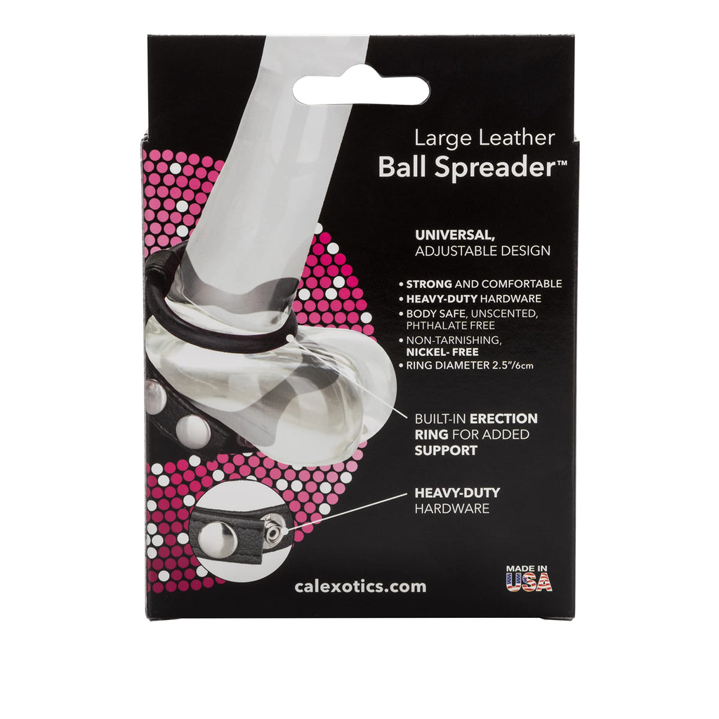 CalExotics Large Leather Ball Spreader with Built-In Erection Ring – Adjustable Scrotum Strap