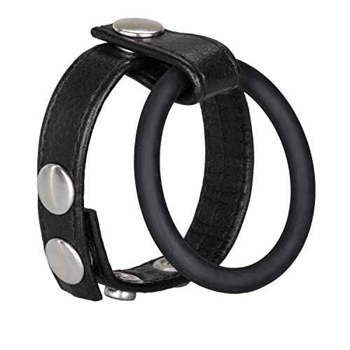 CalExotics Large Leather Ball Spreader with Built-In Erection Ring – Adjustable Scrotum Strap