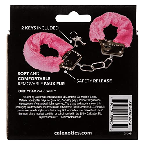 CalExotics Playful Furry Cuffs - Pink Handcuffs with Safety Release and Removable Faux Fur