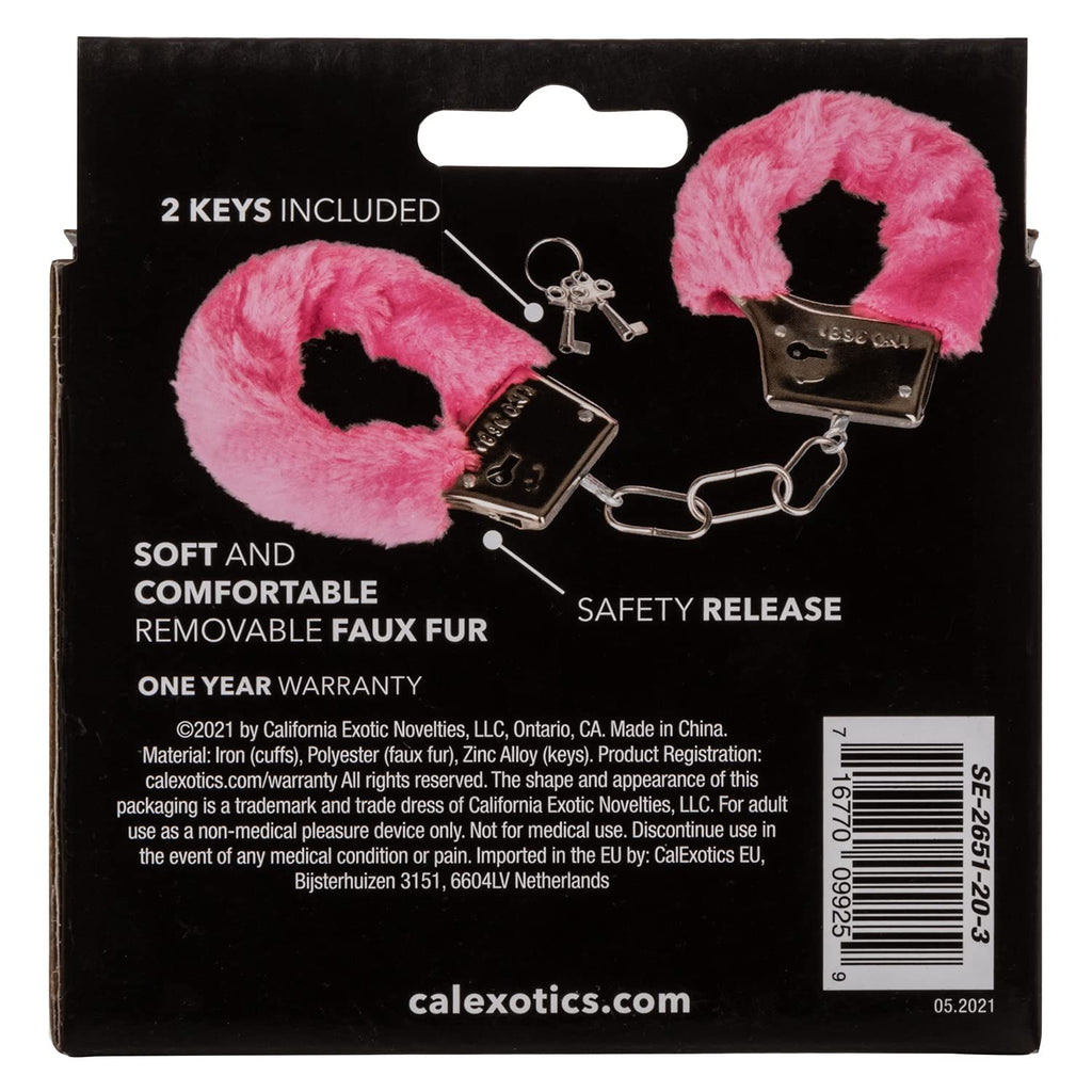CalExotics Playful Furry Cuffs - Pink Handcuffs with Safety Release and Removable Faux Fur