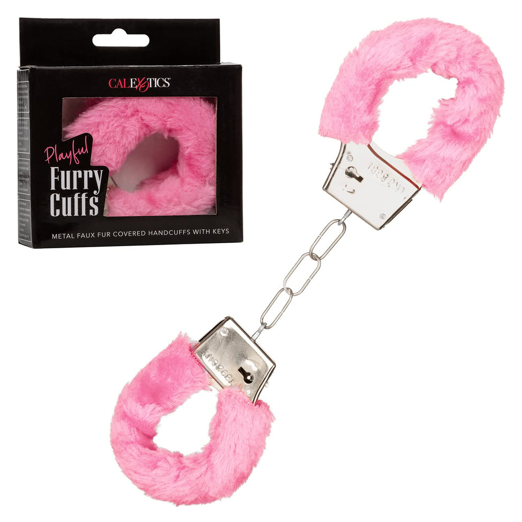 CalExotics Playful Furry Cuffs - Pink Metal Handcuffs with Removable Faux Fur and Safety Release