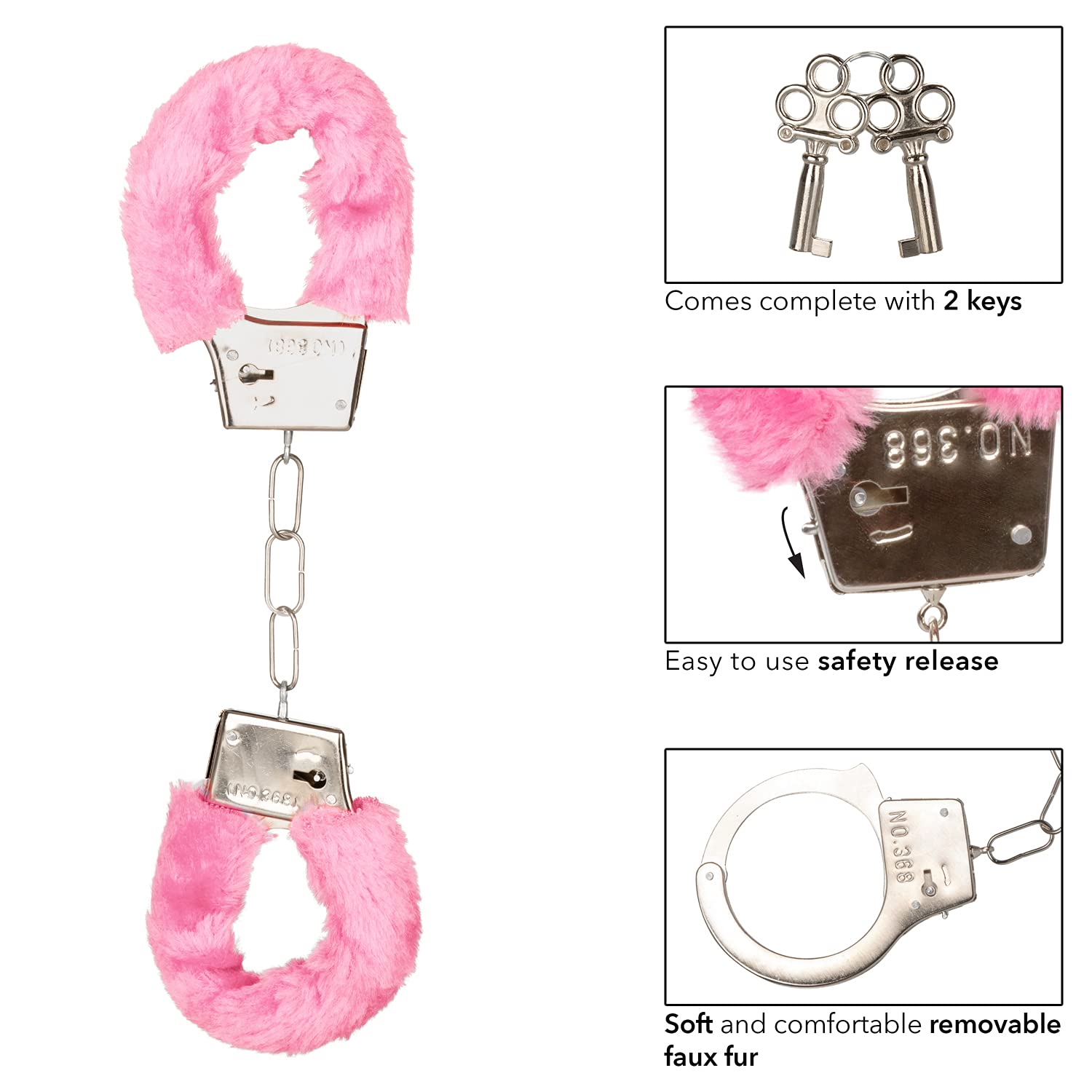 CalExotics Playful Furry Cuffs - Pink Metal Handcuffs with Removable Faux Fur and Safety Release